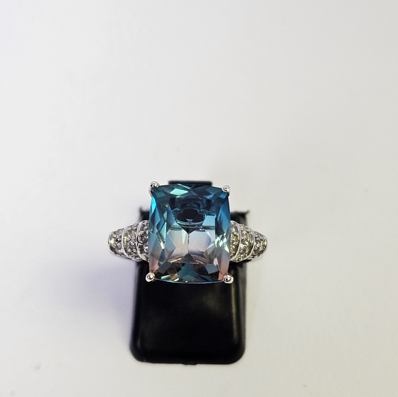 Aqua Colorful Terra Costa Quartz Triplet & White Zircon Ring in 925! Size 7 New - Picture 5 of 14
